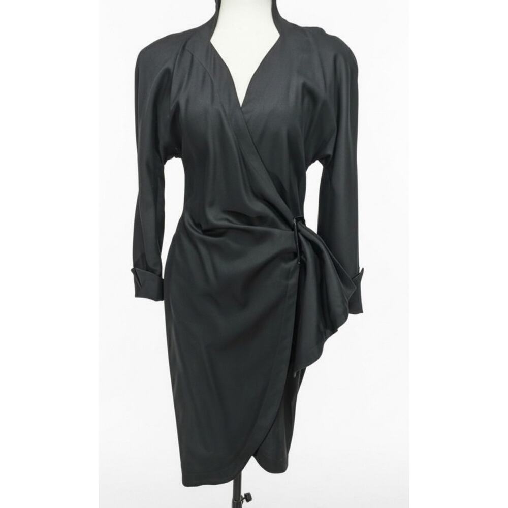 Vintage ICI Jacqueline Paris Black Wool Wrap Dress Structured Shoulders Size 38